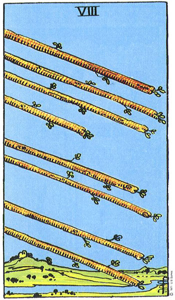Карта Таро Восьмёрка Жезлов из колоды Райдера — Уэйта